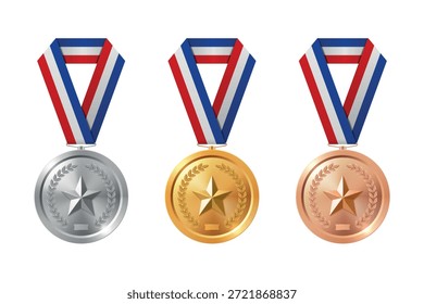Vector 3d Gold, Silver, Bronze Medal Set, Isolated. Award Medals for Sport. Medal Icon, Isolated. Medal Badge Collection. Winner First Second Third Place Trophy Design Template for Championship