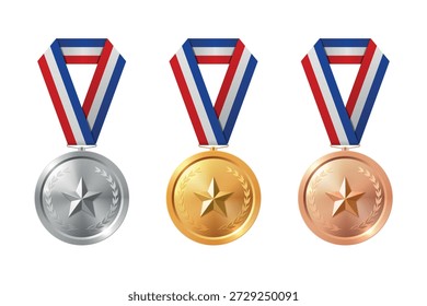 Vector 3d Gold, Silver, Bronze Medal Set, Isolated. Award Medals for Sport. Medal Icon, Isolated. Medal Badge Collection. Winner First Second Third Place Trophy Design Template for Championship