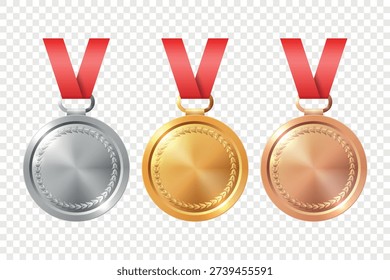 Vector 3d Gold, Silver, Bronze Medal Icon Set, Isolated. Award Medals for Sport. Medal Icon, Isolated. Medal Badges. Winner First Second Third Place Trophy Design Template for Championship