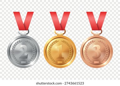 Vector 3d Gold, Silver, Bronze Medal Icon Set. Award Medals for Sport. Medal Icon, Isolated. Medal Badges. Winner First Second Third Place Trophy Design Template for Championship