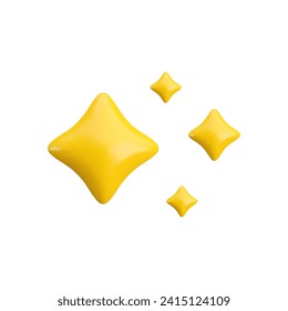 Vector 3d gold sparkle star icon on white background. Cute realistic cartoon 3d render, glossy yellow four pointed shining stars concept for magic sparkling decoration, web, game, app, flash symbol