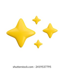 Vector 3d gold sparkle star set on white background. Cute realistic cartoon 3d render, glossy yellow four pointed shining stars concept for magic sparkling decoration, web, game, app, flash symbol.