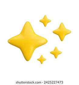 Vector 3d gold sparkle star set on white background. Cute realistic cartoon 3d render, five glossy yellow four pointed shining stars concept for magic sparkling decoration, web, game, app, design.