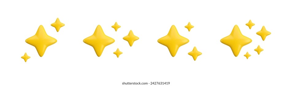 Vector 3d gold sparkle star set set collection on white background. Cute realistic cartoon 3d render, glossy yellow four pointed shining stars concepts for magic sparkling decoration, web, game, app.