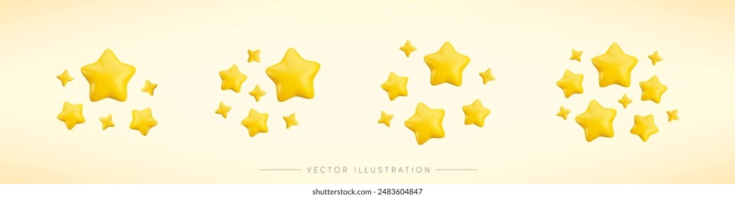 Vector 3d gold sparkle star collection on yellow background. Cute realistic cartoon 3d render, sparkling yellow shining stars illustration set for magic decoration, web, game, app, design, nursery.