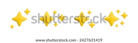 Vector 3d gold sparkle star set set collection on white background. Cute realistic cartoon 3d render, glossy yellow four pointed shining stars concepts for magic sparkling decoration, web, game, app.