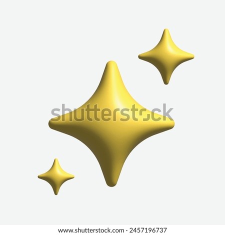 Vector 3d gold sparkle star set set collection on white background. Cute realistic cartoon 3d render, glossy yellow four pointed shining stars concepts for magic sparkling decoration, web, game, app.