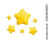 Vector 3d gold sparkling star composition isolated on white background. Cute realistic cartoon 3d starry concept, yellow shiny stars render for magic decoration, web, game, app, design, nursery.