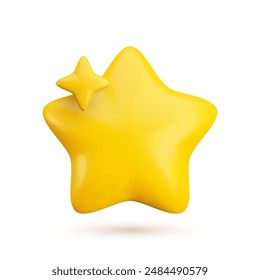 Vector 3d gold sparkling star icon on white background with shadow. Cute realistic cartoon 3d render of glossy yellow star Illustration for customer rating concept, xmas decoration, game, sticker, app