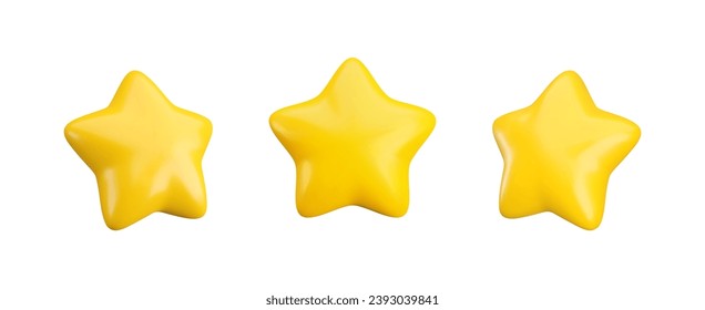 Vector 3d gold star icons set on white background. Cute realistic cartoon 3d render, glossy yellow star front and side projection, for customer rating concept, decoration, web, game design, app, ad.