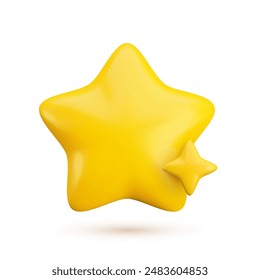 Vector 3d gold star with twinkle on white background with shadow. Cute realistic cartoon 3d render of sparkling yellow star Illustration for customer rating concept, xmas decor, game, app, sticker.