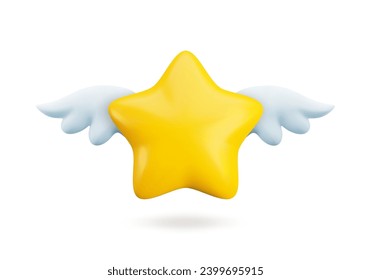 Vector 3d gold star with wings icon. Cute realistic cartoon flying star 3d render on white background, glossy yellow star Illustration for customer rating concept, decoration, web, game design, app.