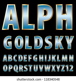 vector 3d golden alphabet with blue sky reflection