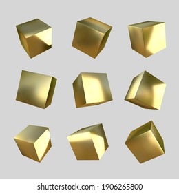 Vector 3d golden cubes on white background. Realistic design elements, three-dimensional objects. Metallic texture.