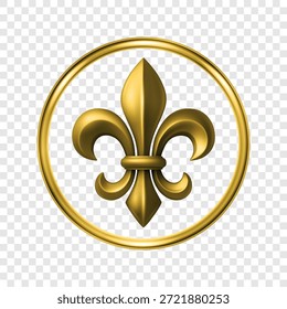 Vector 3d Golden Fleur De Lis símbolo en marco redondo. Elegante emblema real. Icono heráldico francés clásico. Signo de lujo de la flor de lis. Diseño del logotipo, insignia, decoración noble, ornamento de Antiguas