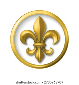Vektor 3D Goldener Fleur De Lis Symbol in Runder Rahmen, isoliert. Elegantes königliches Emblem. Klassische französische Heraldik-Ikone. Luxus-Fleur-De-Lis-Zeichen. Logo-Design, Plakette, edle Dekoration, Vintage-Ornament