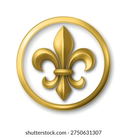 Vector 3d Golden Fleur De Lis Symbol in Round Frame. Elegant Royal Emblem. Classic French Heraldic Icon. Luxury Fleur De Lis Sign. Logo Design, Badge, Noble Decoration, Vintage Ornament
