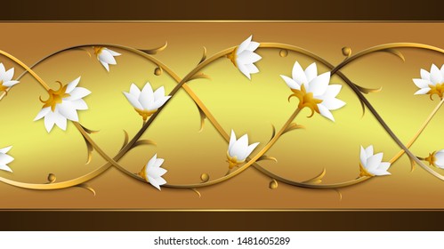Vector of 3d golden floral seamless border tile with white arabesque flowers; Beautiful luxury horizontal background