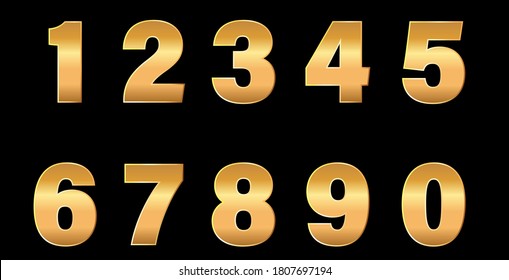 Vector 3d golden number collection. Stock vector illustration on black isolated background.
