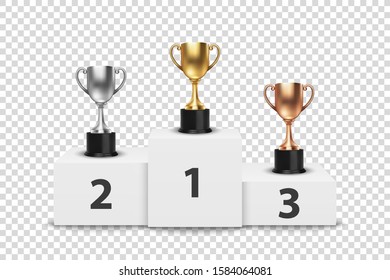 Vector 3d Golden, Silver, Bronze Champion Cup on Winner Podium Closeup Isolated on Transparent Background. Design Template of Championship Trophy. Sport Tournament Award, Winner Cup, Victory Concept