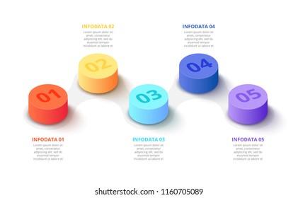 Vector 3d gradient cylinders. Business template for presentation. Creative concept for isometric infographic with 5 steps, options, parts or processes.