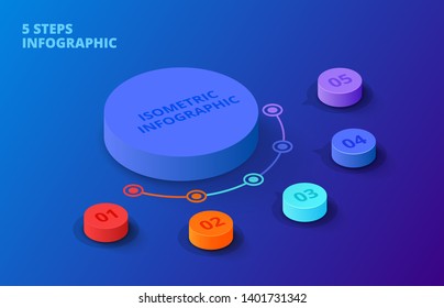 Vector 3d gradient cylinders on a dark blue background. Business template for presentation. Creative concept for isometric infographic with 5 steps, options, parts or processes.