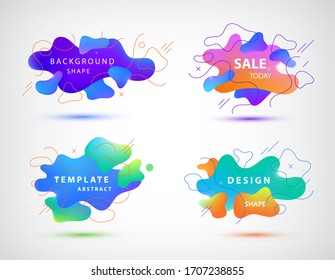 Vector 3d gradient spots, bubbles set with line shapes isolated. Abstract elements for trendy vibrant color design. Use for logos, tags, labels, background. Fluid blots, wavy drops, flowing elements. 