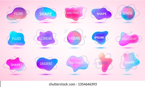 Vector 3d gradient spots set with line shapes isolated. Abstract elements for trendy vibrant color design. Use for logos, tags, labels, background. Fluid blots, wavy drops, flowing elements. 