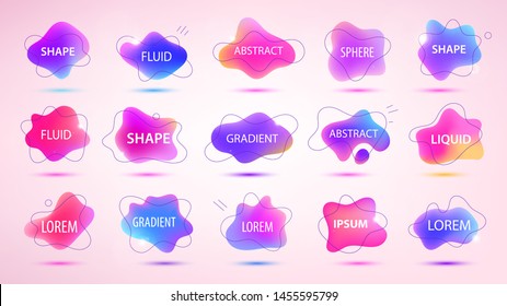 Vector 3d gradient spots set with line shapes isolated. Abstract elements for trendy vibrant color design. Use for logos, tags, labels, background. Fluid blots, wavy drops, flowing elements. 