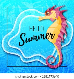 Vektorillustration 3D graues, strukturiertes Seepopster. Text Hallo Sommer. Blaues Wasser mit Schaumstoff. Cartoon Seahorse. Schatten aus tropischen Blättern. 