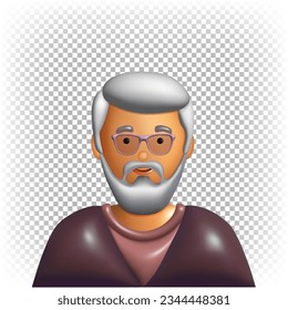Vector 3d grandfather character in glasses with gray hair, mustache and beard.