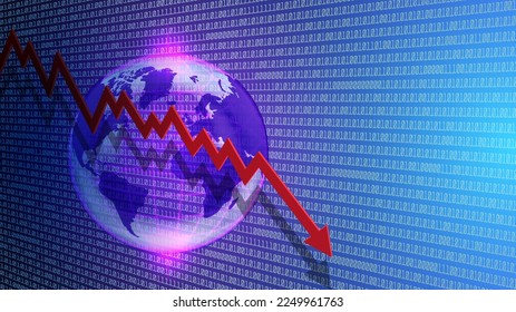 Vector 3d graph with a red arrow falling down against the background of many numbers. Planet earth transparent bubble. The collapse of the world economy. - Powered by Shutterstock - Get 15% off with code: PIKWIZARD15