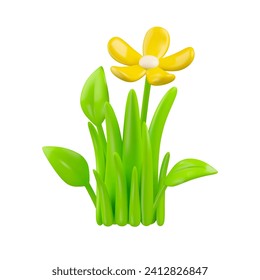 Vector 3d grass with flower icon. Cartoon green gramma and yellow daisy in simple minimal style, isolated on white background