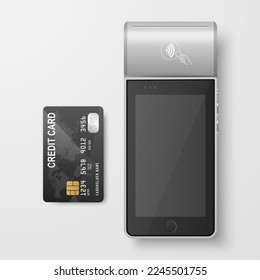 Vector 3d Gray NFC Payment Machine and Credit Card Isolated. Wi-fi, Wireless Payment. POS Terminal, Machine Design Template of Bank Payment Contactless Terminal, Mockup. Top VIew