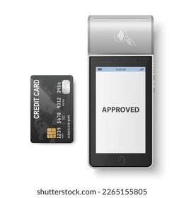 Vector 3d Gray NFC Payment Machine, Approved Status and Credit Card Isolated. Wi-fi, Wireless Payment. POS Terminal, Machine Design Template of Bank Payment Contactless Terminal, Mockup. Top VIew
