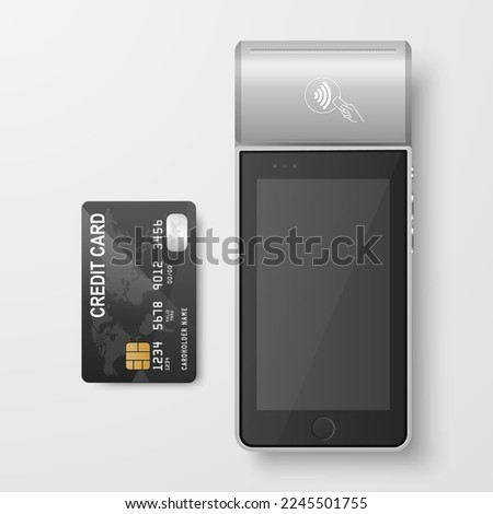 Vector 3d Gray NFC Payment Machine and Credit Card Isolated. Wi-fi, Wireless Payment. POS Terminal, Machine Design Template of Bank Payment Contactless Terminal, Mockup. Top VIew