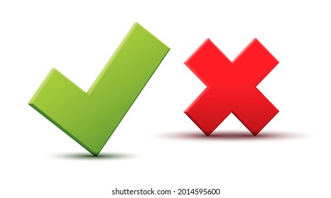 Vector 3d green checkmark and red cross reject checklist icons. Correct or wrong check mark answer flag