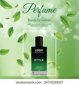 The vector of 3d green cosmetic adverting with the green background and template