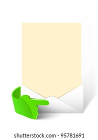 Vector 3d green glass hand with empty paper in envelope. Web element.