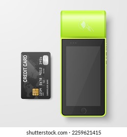 Vector 3d Máquina de pago verde NFC y tarjeta de crédito aislada. Wi-Fi, pago móvil. Terminal POS, plantilla de diseño de máquina de terminal sin contacto de pago bancario, Mockup. Top VIew
