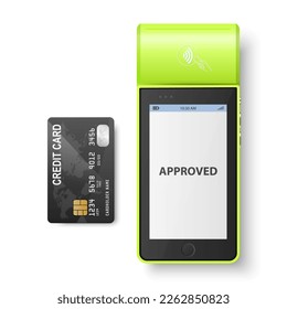 Vector 3d Green NFC Payment Machine with Approved Status and Credit Card Isolated. Wi-fi, Wireless Payment. POS Terminal, Machine Design Template of Bank Payment Contactless Terminal, Mockup. Top VIew