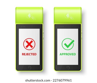 Vector 3d Green NFC Payment Machine with Approved and Rejected Status Isolated. Wi-fi, Wireless Payment. POS Terminal, Machine Design Template of Bank Payment Contactless Terminal, Mockup. Top VIew