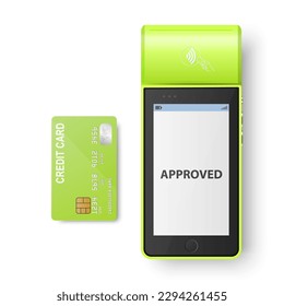 Vector 3d Green NFC Payment Machine with Approved Status and Green Credit Card. Wi-fi, Wireless Payment. POS Terminal, Machine Design Template of Bank Payment Contactless Terminal, Mockup. Top View
