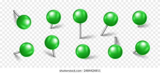 Vector 3D green pin with shadow isolated on transparent background. Set of realistic plastic round thumbtack in different angles.