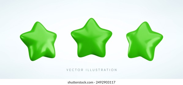 Vector 3d green star icons set. Cute realistic cartoon 3d render, glossy metallic star front and side projection, for customer rating concept, decor, web, game design, app, advert.