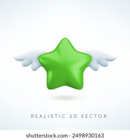 Vector 3d green star with wings icon. Cute realistic cartoon flying star 3d render on white background, glossy emerald star Illustration for customer rating concept, decoration, web, game design, app.