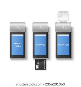 Vector 3d Grey NFC Payment Machine with Approved Status and Paper Receipt, Bill, Credit Card. Payment POS Terminal, Machine Design Template of Bank Payment Contactless Terminal, Mockup. Top View