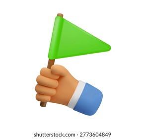 Vector 3d hand with green flag icon. Triangle flag, achievement, success or permission concept. Simple cartoon icon isolated on white background
