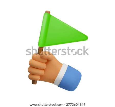 Vector 3d hand with green flag icon. Triangle flag, achievement, success or permission concept. Simple cartoon icon isolated on white background
