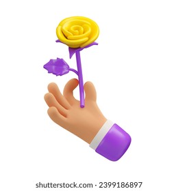 Icono de flor vectorial 3d con mano. Rosa amarilla en los dedos del brazo de caricatura estilizada ilustración, aislada en fondo blanco. Feliz Día de la Madre o concepto del Día de la Mujer.